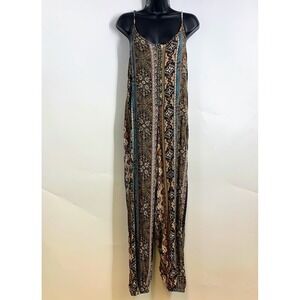 Three Bird Nest Bohemian Print Wide Leg Jumpsuit Spaghetti Strap Full Length S